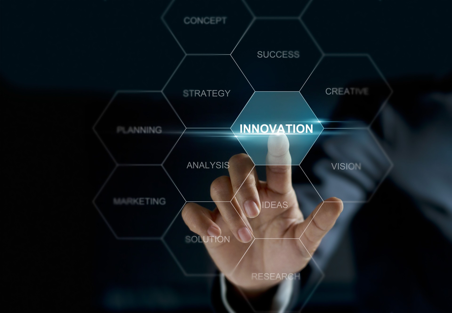 Businesswoman hand touch word innovation on screen, business concept